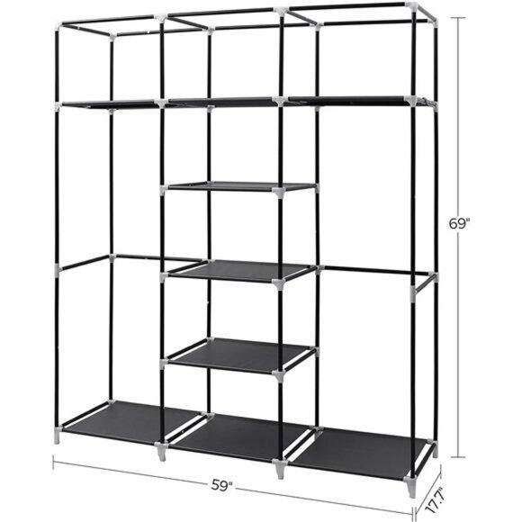 Portable Clothes Closet, Non-Woven Fabric Wardrobe with 2 Hanging Rods, Black - Picture 6 of 6